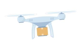 Delivery drone with the cardboard box flying. Drone delivery service. vector