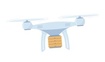 Delivery drone with the cardboard box flying. Drone delivery service. vector