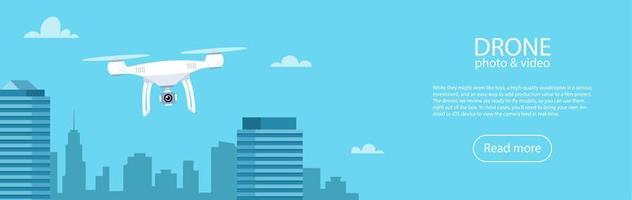 Drone with action Camera. Air Video and Photography. Flying drone with camera over the city. Vector illustration for banner.