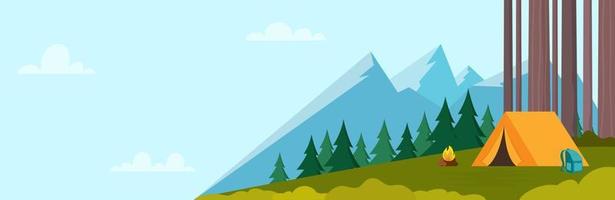 Summer Camping day in mountains. Mountains, trees, tent and campfire. vector