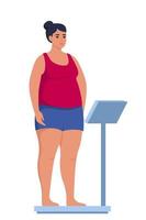 mujer gorda de pie en escalas de peso. chica de gran tamaño. concepto de control de peso de la obesidad. personaje de dibujos animados femenino con sobrepeso de longitud completa. ilustración vectorial vector