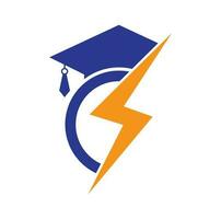 plantilla de logotipo de vector de estudiante flash. logotipo de educación con gorra de graduación e icono de trueno.