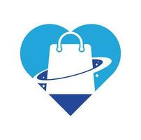 diseño de plantilla de logotipo de concepto de forma de corazón de tienda de planeta. plantilla de diseño de logotipo de vector de bolsa de compras galaxy.