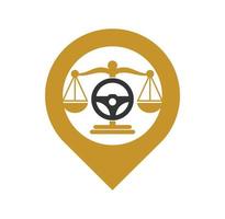Wheel law map pin shape concept vector logo design template. Steering and balance icon design.