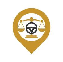 plantilla de diseño de logotipo de vector de concepto de forma de pin de mapa de ley de rueda. diseño de iconos de dirección y equilibrio.