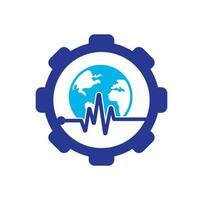 Pulse globe gear shape concept vector logo design icon. Earth globe icon with heart beat.