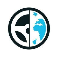 Drive world vector logo design. Steering wheel and world symbol or icon.