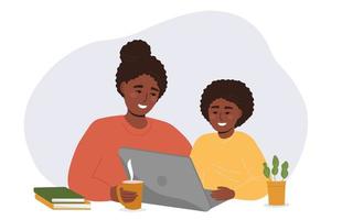 Dark-skinned African Americans mom and daughter are sitting at the computer. A teacher and a student are studying and communicating on a laptop. Vector graphics.