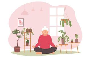An elderly woman does yoga at home among various green plants. An old lady with gray hair is sitting in a lotus position on the floor, meditating and relaxing. Vector graphics.