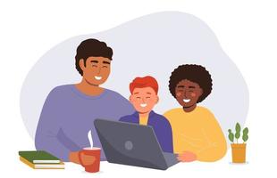 The teacher and the children are sitting at the laptop. The family communicates together, plays at the computer. Teaching students online, remotely. Vector graphics.