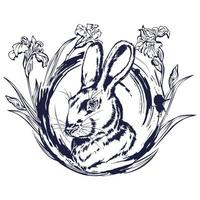 Hand drawn portrait of a rabbit. Rabbit head sketch. Rabbit framed with brushstroke and iris flowers. vector