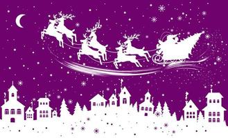 ilustración navideña con casas, santa claus en renos y copos de nieve. vector
