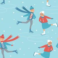 Winter seamless pattern with old people on ice rink vector