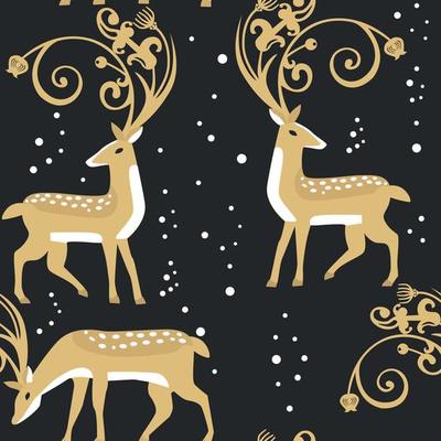 Seamless Chrismas pattern with golden reindeer on black background