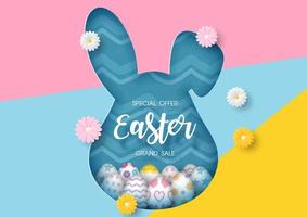 Colorful flower on geometry background and Easter eggs with wording about Easter day sale in a hole of giant head bunny shape on blue notches background vector