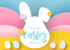 Closeup beauty flowers and wording about Easter day sale on white silhouette head rabbit with Easter eggs and on colorful abstract shape background. Easter day greeting card in paper cut style. vector