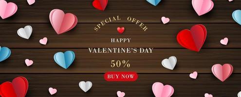 Valentine day's specials offer and colorful harts on wooden background. Valentine's shop banner with colorful hearts in paper cut style and vector design.