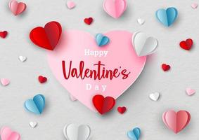 tarjeta de felicitación del día de san valentín y corazones coloridos en estilo de corte de papel con la redacción del día de san valentín feliz en un gran corazón rosa y fondo de patrón de papel blanco. vector