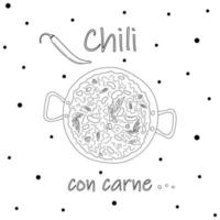 Chili con carne in a deep saucepan against background of the inscription and a chili pepper. Doodle vector