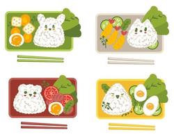 Kawaii bento box with rice animals collection in flat style. vector