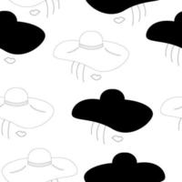 Seamless pattern of a stylized woman face with wide brimmed hat in different positions. Outline vector