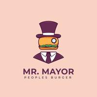logotipo de la hamburguesa del señor alcalde. logotipo de la hamburguesa del restaurante como icono del logotipo de la ilustración de dibujos animados de la mascota del alcalde de la ciudad vector