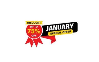 75 Percent JANUARY offer, clearance, promotion banner layout with sticker style. vector