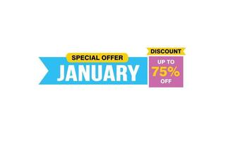 75 Percent JANUARY offer, clearance, promotion banner layout with sticker style. vector