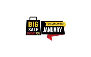 75 Percent JANUARY offer, clearance, promotion banner layout with sticker style. vector