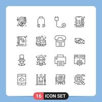 Pictogram Set of 16 Simple Outlines of document work computers business hardware Editable Vector Design Elements