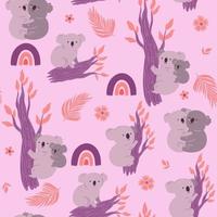 Seamless pattern with cute koalas, rainbows and leaves. Vector graphics.