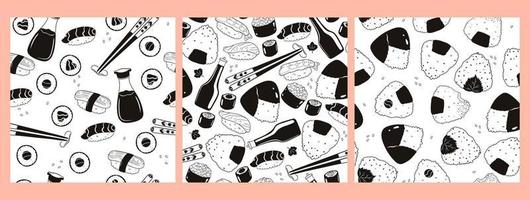 Set of black and white seamless patterns with sushi and onigiri. Vector graphics.