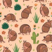 Seamless pattern with cute armadillos in the desert. Vector graphics.