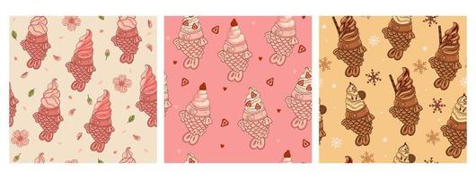 Set of seamless patterns with ice cream in taiyaki fish. Vector graphics.