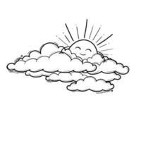 Sun and Cloud drawing in engraving outline style. Vector illustration