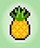 8 bit pixel of pineapples. Fruits for game assets and cross stitch patterns in vector illustrations.