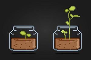 8 bit pixel tree buds in a glass jar. for game assets and Cross Stitch patterns in vector illustrations.