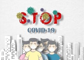 Closeup and crop group of people wear mask on city landscape view with wording of stop corona virus COVID-19 and virus symbol on white background. All in paper cut style and vector design.