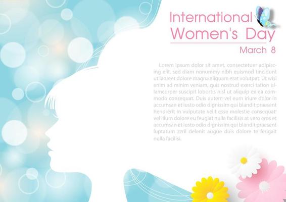 Closeup white silhouette of head's women with wording of Women's day event,  example texts and colorful flowers on blurred and bokeh blue background.
