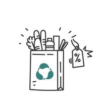 descuento de bolsa de papel de garabato dibujado a mano con vector de ilustración de símbolo ecológico