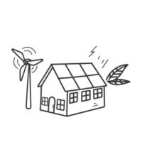 casa ecológica de doodle dibujada a mano con ilustración de turbina eólica vector