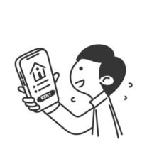 dibujado a mano doodle mano que sostiene el teléfono móvil inteligente con la ilustración de la aplicación de alquiler de casa vector