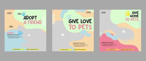 conjunto de tres fluidos hermosos fondos de banner de color cuidado de mascotas promoción de paquete de redes sociales plantilla de vector premium