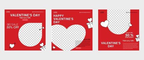 Valentine square banner design template set. Red background with love line frame. Can be used for social media posts, greeting cards, banners and web ads. vector