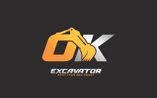 OK logo excavator for construction company. Heavy equipment template vector illustration for your brand.