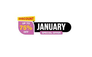 75 Percent JANUARY offer, clearance, promotion banner layout with sticker style. vector