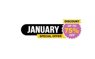 75 Percent JANUARY offer, clearance, promotion banner layout with sticker style. vector