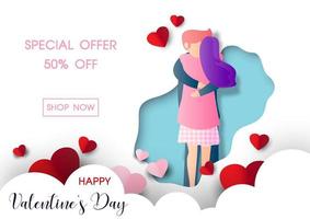 Couples in cartoon character acting in love and hug with hearts in paper cut style, specials offer sale wording in white cloud and abstract shape on green background. vector