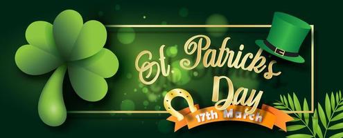 Giant shamrock plants with golden Horseshoe and Saint Patrick's Day letters, high hat and the day of event's ribbon on blurred and bokeh green background. vector