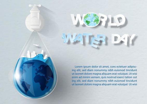 Front view of water tap and world water day letters in paper cut style, example texts with global water droplet in glass style on gray paper pattern background.